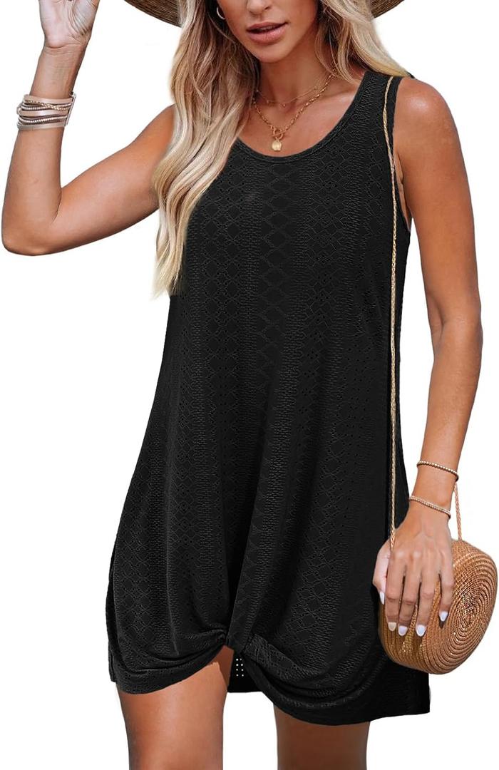 Swimsuit Coverup Summer Dresses for Women 2025 Eyelet Crew Neck Loose Sleeveless Sundresses Twisted Dresses (Large, Black)