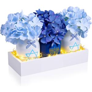 Hanukkah Mason Jar Floral Arrangement Table Centerpieces Set - 3 Glass Jars with Fairy Light String, Wooden Tray & Blue Hydrangeas Jewish Holiday Decor for Table Farmhouse Kitchen Office Wedding