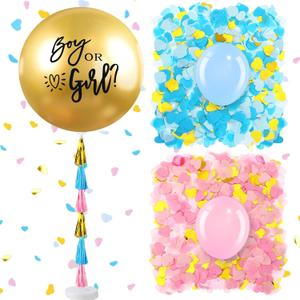 Syhood Jumbo Gender Reveal Balloon Pop Kit with 36 Inch Boy or Girl and 5 Inch Blue Pink Balloons Heart Shaped Confetti Tassels Stand for Baby Shower Party Supplies Decorations (Gold)