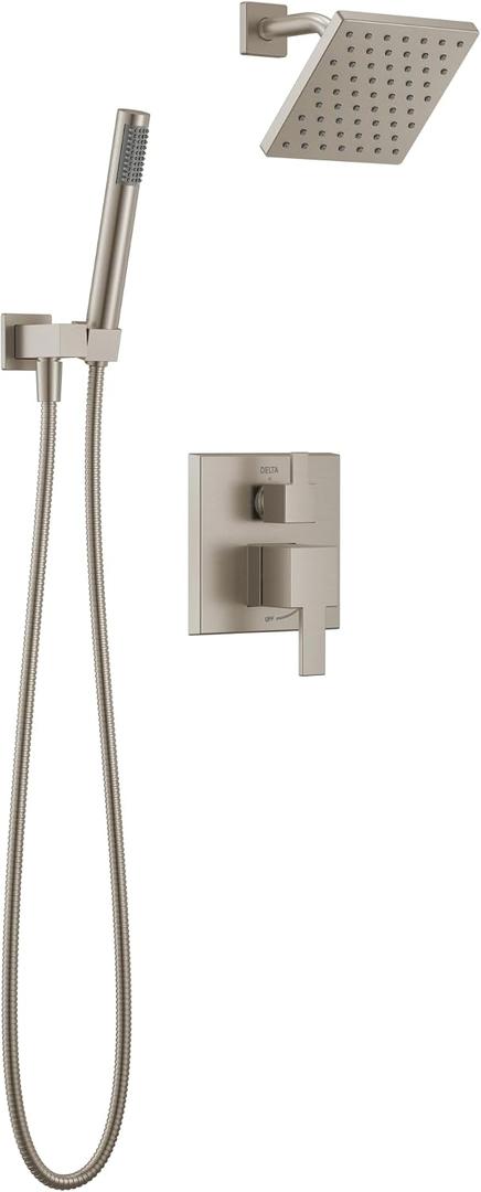 Delta Modern Square Shower System Faucet Set, Brushed Nickel 6.5-inch Shower Head and Handle Set, Valve Trim Kit, Spotshield Stainless T342703-SP (Valve Not Included)