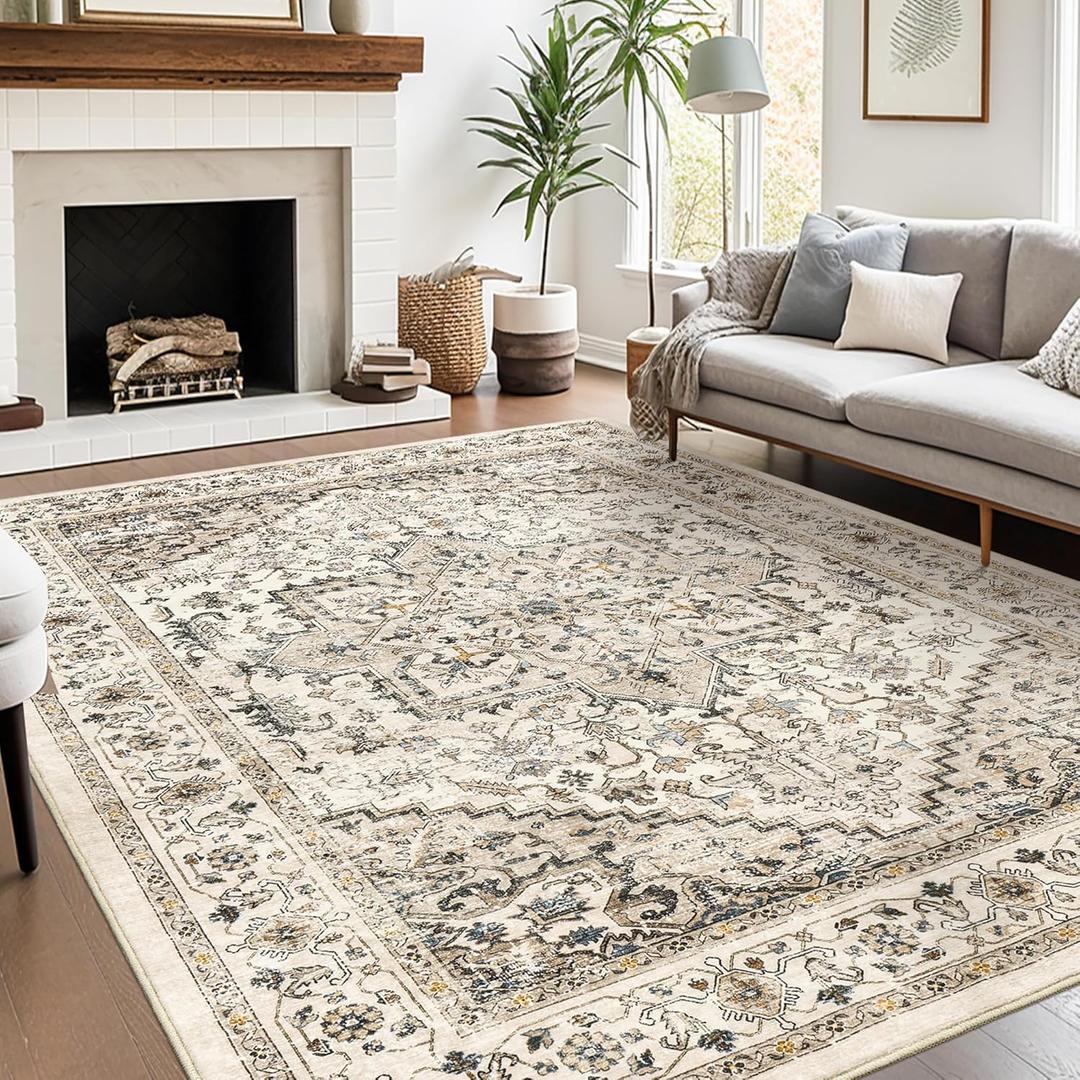 Washable Rugs 8'x10' Area Rugs for Living Room, Non-Slip Backing Large Rug,Vintage Floral Rugs,Ultra-Thin Indoor Rug Home Decor Soft Area Rug (Brown,8'x10')