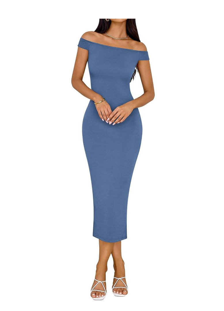 BTFBM Summer Dresses for Women 2025 Midi Off The Shoulder Sleeveless Split Knit Slim Fit Cocktail Party Going Out Dress, L