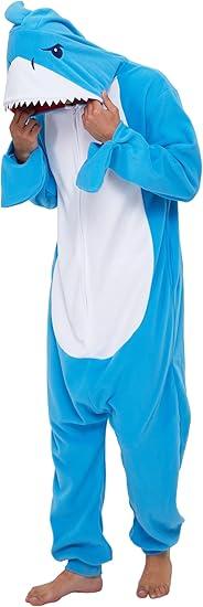 dressfan Unisex Adults Animal Shark Costume Halloween Cosplay Costume Onesie Pajamas Hooded for Women Men,Blue, Extra Large 