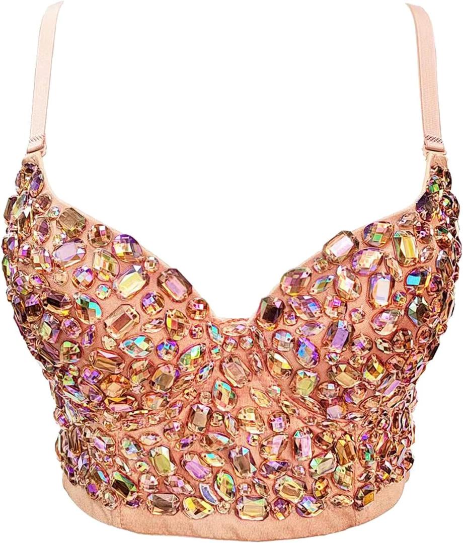 Women's Bustier Crop Top Mesh Corset Top Push up Rhinestone Diamond Bra Club Party Vest (Beige, S)