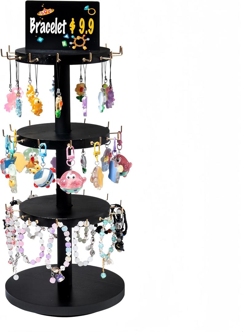 Bracelet Holder, Wooden 3 Tier Rotating Jewelry Display Stand, Tree Stand Vendor Stand Display with Advertising Board, 39 Hooks for Bracelet, Key Chain Display Stand for Store Selling-Black