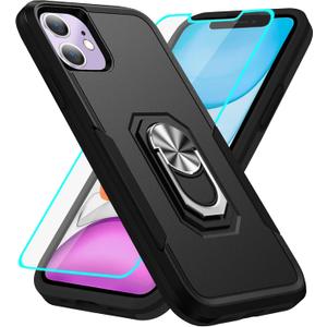 HNHYGETE for iPhone 11 Phone Case with Screen Protector: Shockproof Military-Grade Heavy Duty with Ring Kickstand Phone Case for - iPhone 11 Black