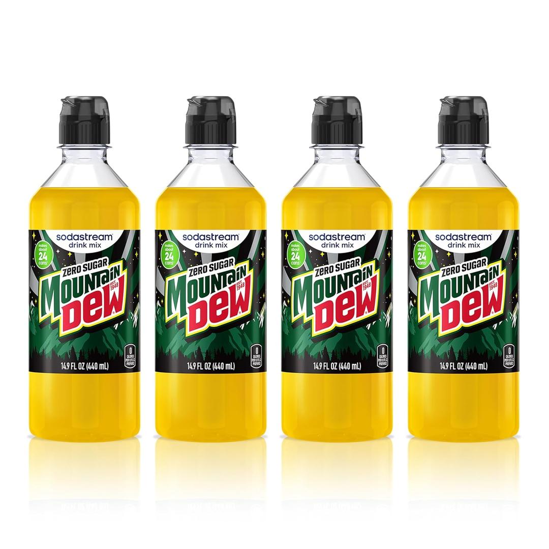 SodaStream Mountain Dew Zero New Pour Bottles Soda Drink Mix, 14.9 Fl oz. (Pack of 4)