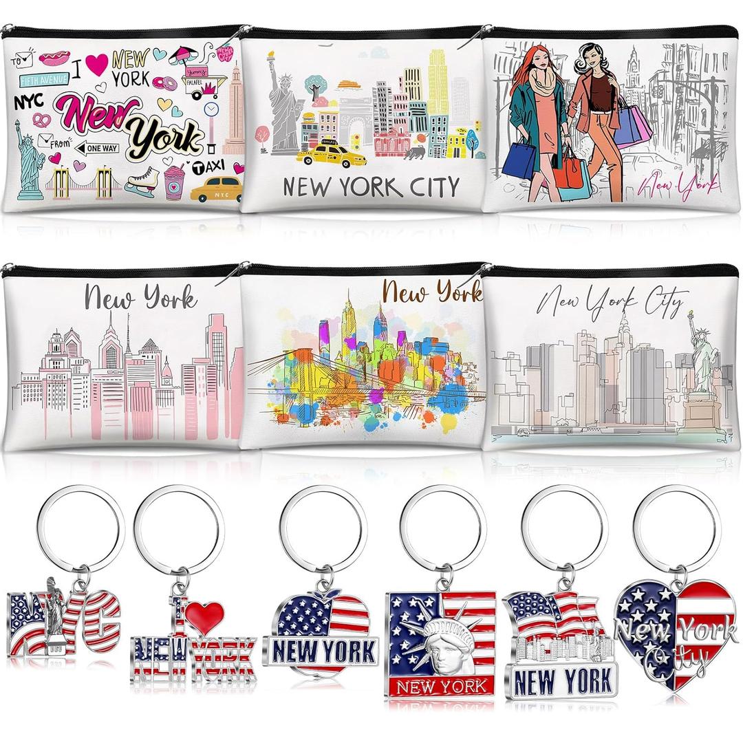 6 Sets New York Souvenir Gifts Include 6 Pcs New York Cosmetic Bag and 6 Pcs Metal Keychain for Women Traveler Christmas Party Gifts