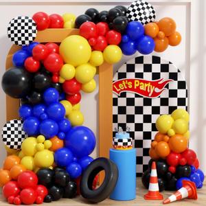 160Pcs Race Car Balloon Garland Arch Kit - Car Wheels Checkered Balloons 18 12 10 5 Inch Different Size Balloons for Racing Car Two Fast 2nd Monster Theme Birthday Party Decorations Supplies (Red Blcck Yellow Blue Orange)