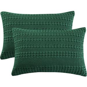 PHF 100% Cotton Waffle Pillow Shams Queen Size, 2 Pack 20" x 30" Soft Skin-Friendly Pillowcases, No Filling, Aesthetic Woven and Breathable Waffle Weave Pillow Case Covers for Bed, Dark Green