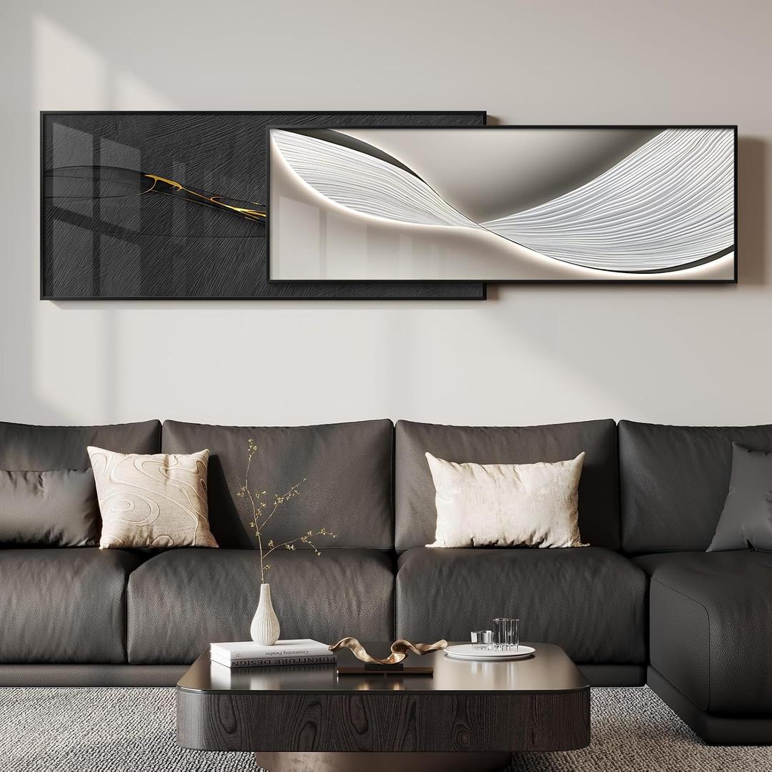 Extra Large Framed Modern Abstract Wall Art for Living Room, 2 Piece,  Black and White C