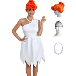Laqeyko Couple Halloween Costumes Set for Adults Cosplay Caveman,Womens Dress,Mens Tunic,Wig,Necklace,Inflatable Stick,Tie (Large, White)