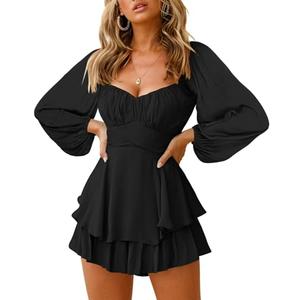 Fixmatti Black Long Sleeve Romper for Women Boho Boat Neck Tie Waisted Mini Shorts Jumpsuits XL