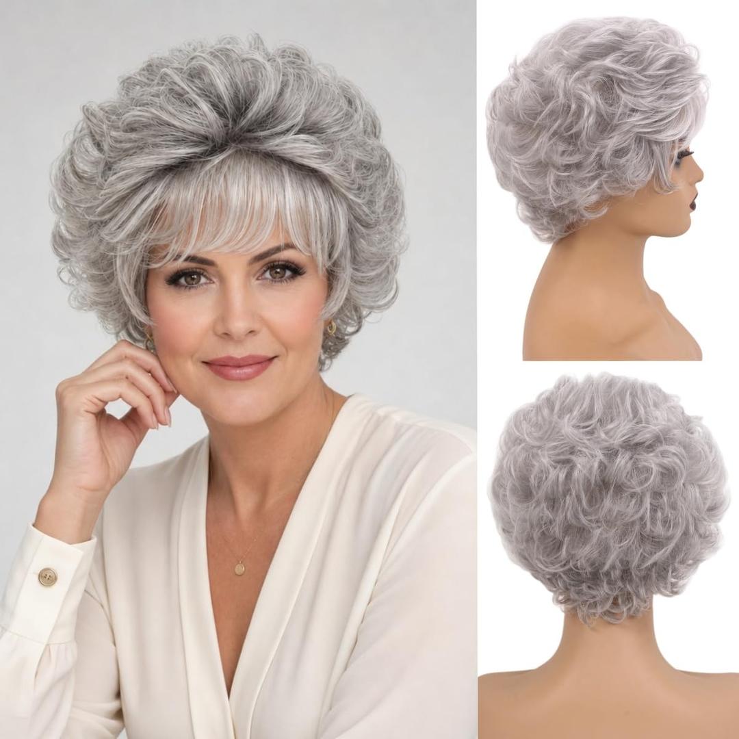 Short Curly Wigs for Women Heat Resistant Synthetic Hair Wave Womens Wigs (Grey)