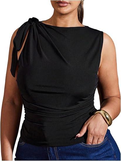 Floerns Women's Plus Size Summer Tank Tops Tie Shoulder Ruched Dressy Casual Vest, XXLarge Plus