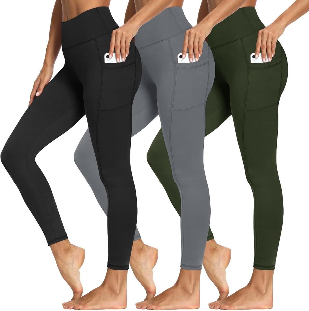 3 Packs Leggings with Pockets for Women, Soft High Waisted Tummy Control Workout Yoga Pants (XX-Large, 3 Pack Black,dark Grey,army Green)