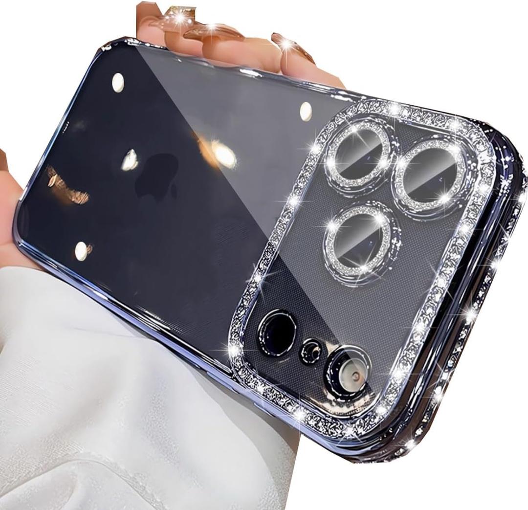 Clear Glitter Case for iPhone 17 Pro, Cute Luxury Bling Sparkly Diamond Rhinestone with Camera Lens Protector TPU Plating Bumper Slim Transparent Women Girls Case for iPhone 17 Pro 6.3", Blue