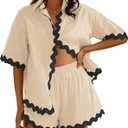 Fixmatti Women Two Piece Summer Sets Short Sleeve Button Down Shirts (Beige, S)