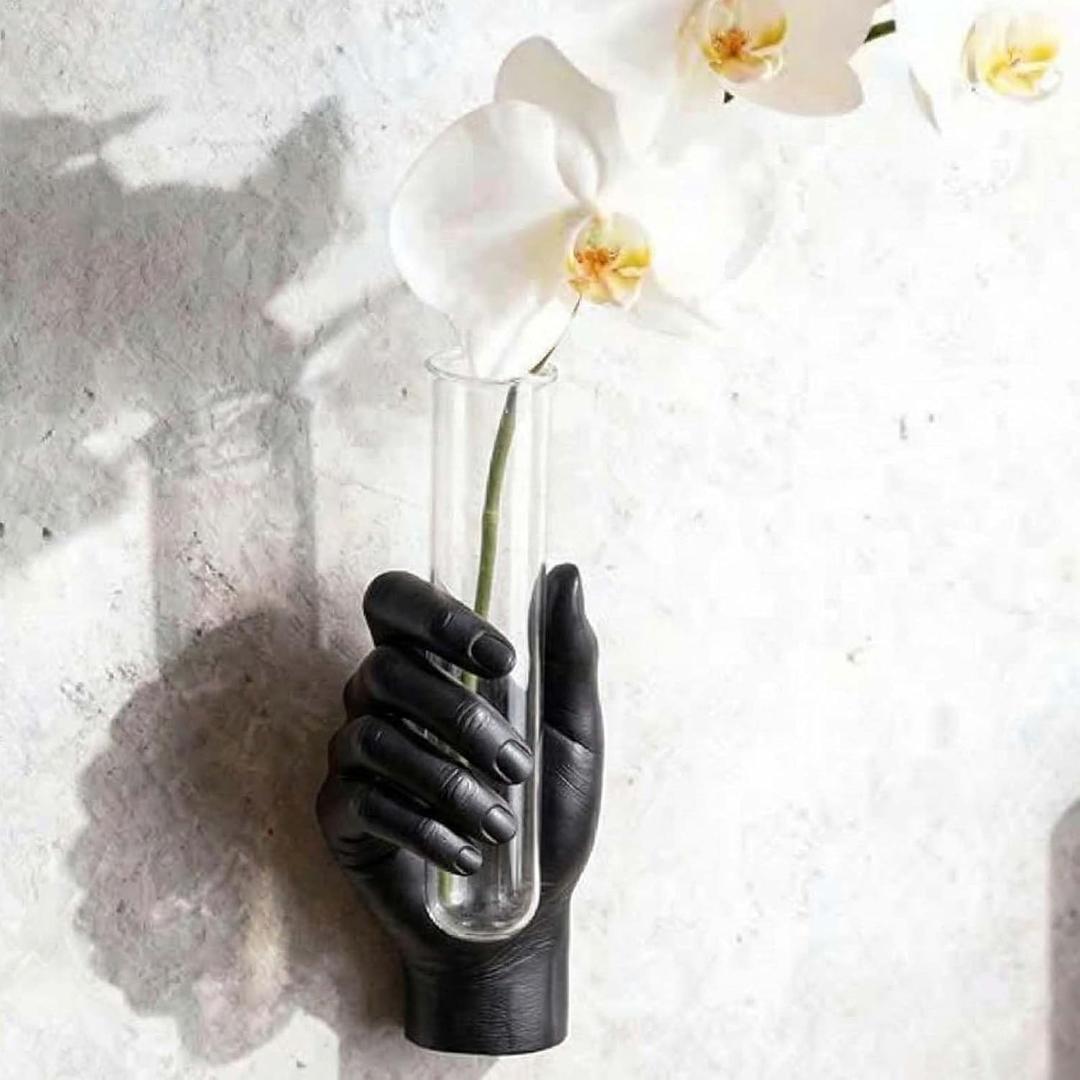 Hand Wall Sculpture with Vase Unique Resin Art, Wall-Mounted Flower Vase, Modern Decor for Living Room, Office, Apartments, Stylish Home, Elegant Interior, Contemporary Decoration (Black)