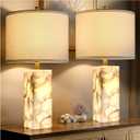 Scenekoy Alabaster Table Lamp Set of 2 with Night Light for Bedroom Living Room, 23" Rotary Switch Bedside Lamp with Linen Shade, Modern Nightstand Lamps for Room Office Dorm (White)