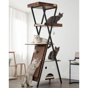 Modern Wood Cat Tree Tower for Indoor Cats Large Adult - 67 Inch Tall Multi-Level Heavy Duty Cat Condo Trees Furniture with Caves Perch Bed Scratching Board - XL Big Sturdy Wooden Kitty House (Rustic Brown)