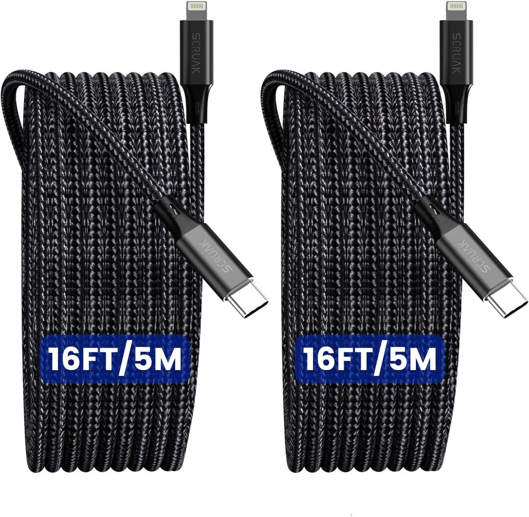 16FT Extra Long iPhone Charger Cord, 2-Pack SCRUAK [MFi Certified] 16 Ft USB C to Lightning Cable Fast Charging Nylon Braided iPhone Charger Cable for iPhone 14/14 Pro/14 Pro Max/13/12, iPad, AirPods.