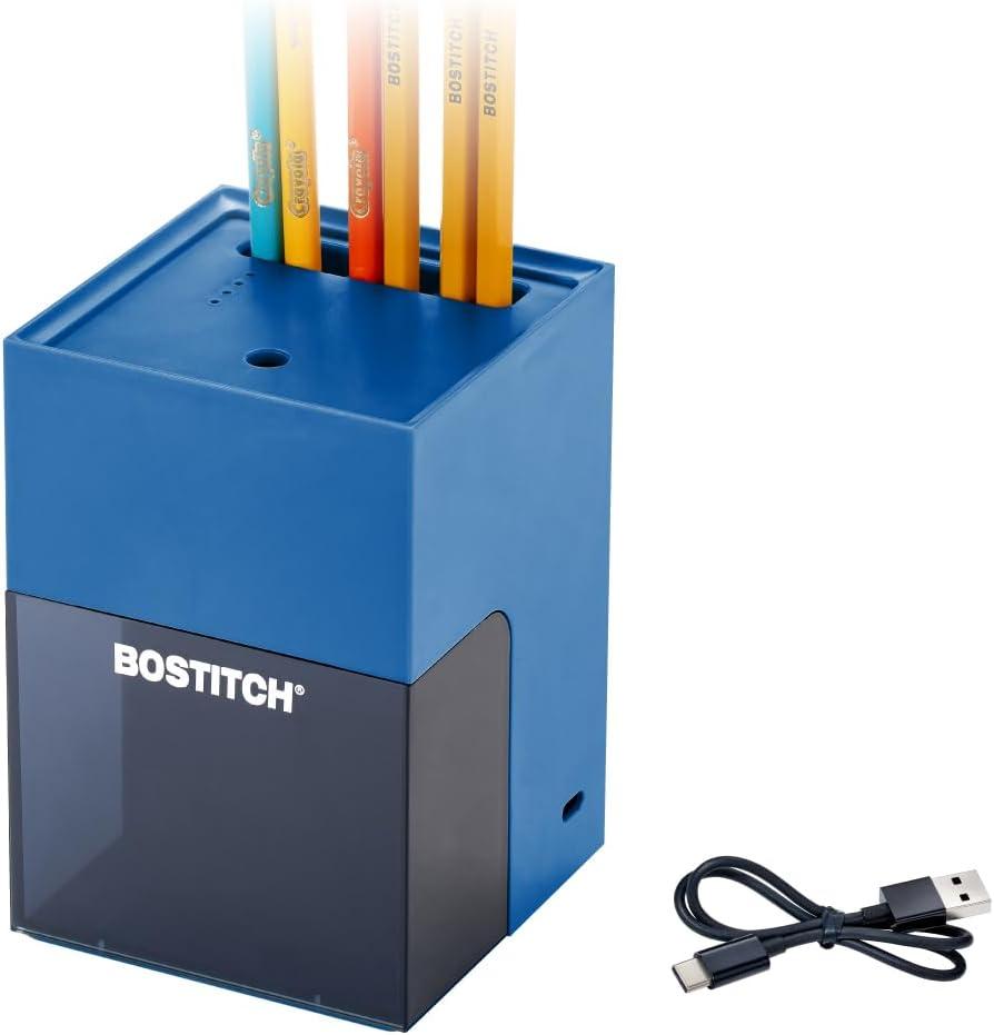 Bostitch Konnect Rechargeable Pencil Sharpener (USB-C), Auto-Stop Helical Cutter, Portable Electric Sharpener for No.2/Colored Pencils, Home, Office, Classroom, Blue