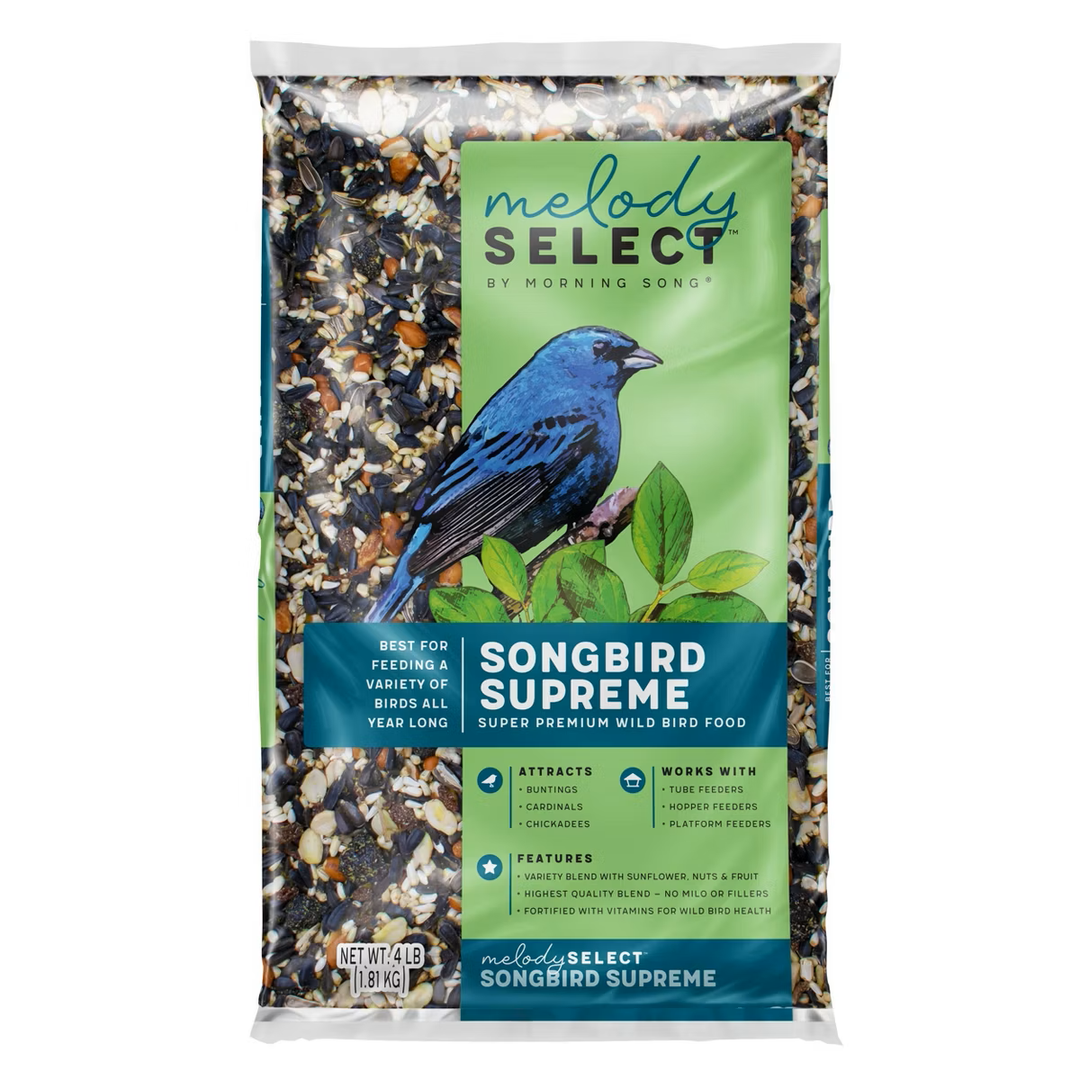 Melody Select 4lb Songbird Supreme Wild Bird Food: Nut & Fruit Blend, Attracts Variety of Birds, USA Made