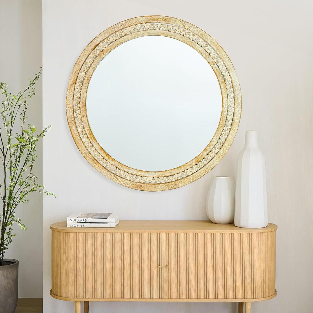 Round Mirror 24 Inch Braided Knot Bohemian Farmhouse Decorative Mirror for Wall Decor Hanging Mirror