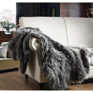 Luxury Faux Fur Throw Blanket, Grey and Black High Pile Mixed Throw Blanket, Super Warm, Fuzzy, Elegant, Fluffy Decoration Blanket Scarf for Sofa, Couch and Bed, 60''x 80''