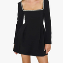 Women's Long Sleeve Mini Dress Pearl Square Neck Ruffle Hem Short Dress Bride Party Club Elegant Dresses