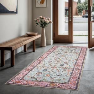 GLN Rugs Traditional Collection - Machine Washable Area Rug, Traditional Washable, Non Slip, Low Pile Chenille Rug, Living Room, Bedroom, Kitchen Rug (2'6" x 10' Pink/Blue/Multicolor)
