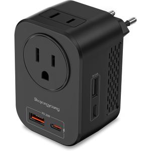 220V to 110V 20W PD Voltage Converter US to Europe International Universal Travel Adapter with 2 USB A 2 Type-C Port Worldwide Power Converters Plug Combo for Spain Italy (Black)-MB