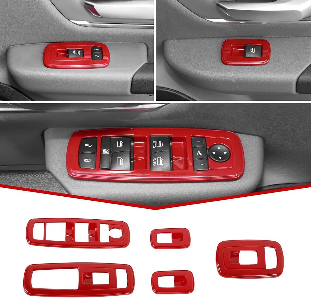 JeCar Window Switch Button Covers Interior Trim Kit Interior Accessories Compatible with RAM 2018-2023, Red