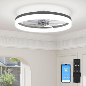 VOLISUN Low Profile Ceiling Fans with Lights and Remote, 23.6in Flush Mount Ceiling Fans with Light, 3000K-6500K Dimmable Bladeless Fandelier Fan Light(Black)