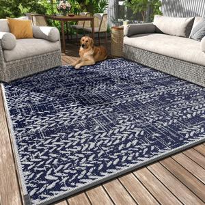 Outdoor Rug Waterproof-Patio Rug Mat 6x9 Outdoor Carpet Reversible RV Camping Picnic Plastic Straw Rug Outside Rug for Balcony Deck Backyard Patio Boho Modern Blue