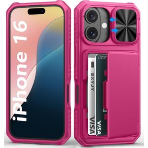 BXYJY for iPhone 16 Wallet Case with Card Holder (4-5 Cards), Slide Camera Cover, RFID Blocking, Military Grade Protection, Heavy Duty Women Girly Men Protective Phone Case for iPhone 16, Hot Pink