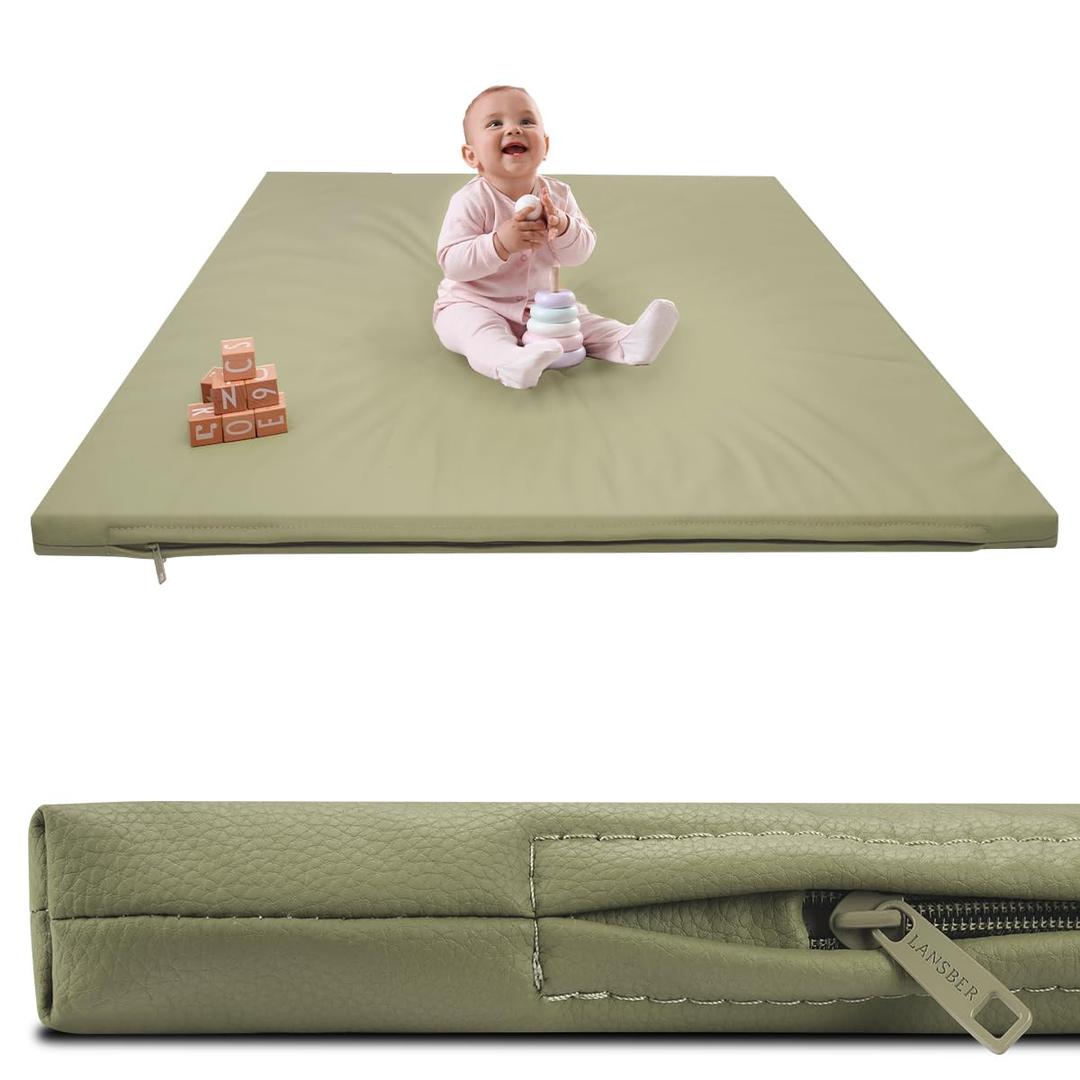 Lansber1.2" Padded Baby Play Mat 50x50 Playpen Mat- Extra Thick Double-Sided Waterproof Vegan Leather for Infants and Toddlers, Soft and Easy-to-Clean Floor Mat for Crawling & Play (48"X48", Green)