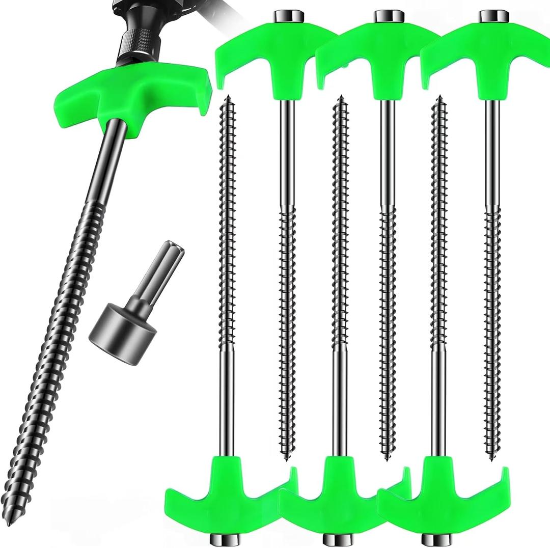 6-Pack Screw in Tent Stakes Heavy Duty, 8Drill in Style Ground Anchor Pegs with Hex Nut Driver. (6-Pack Tent Stakes)