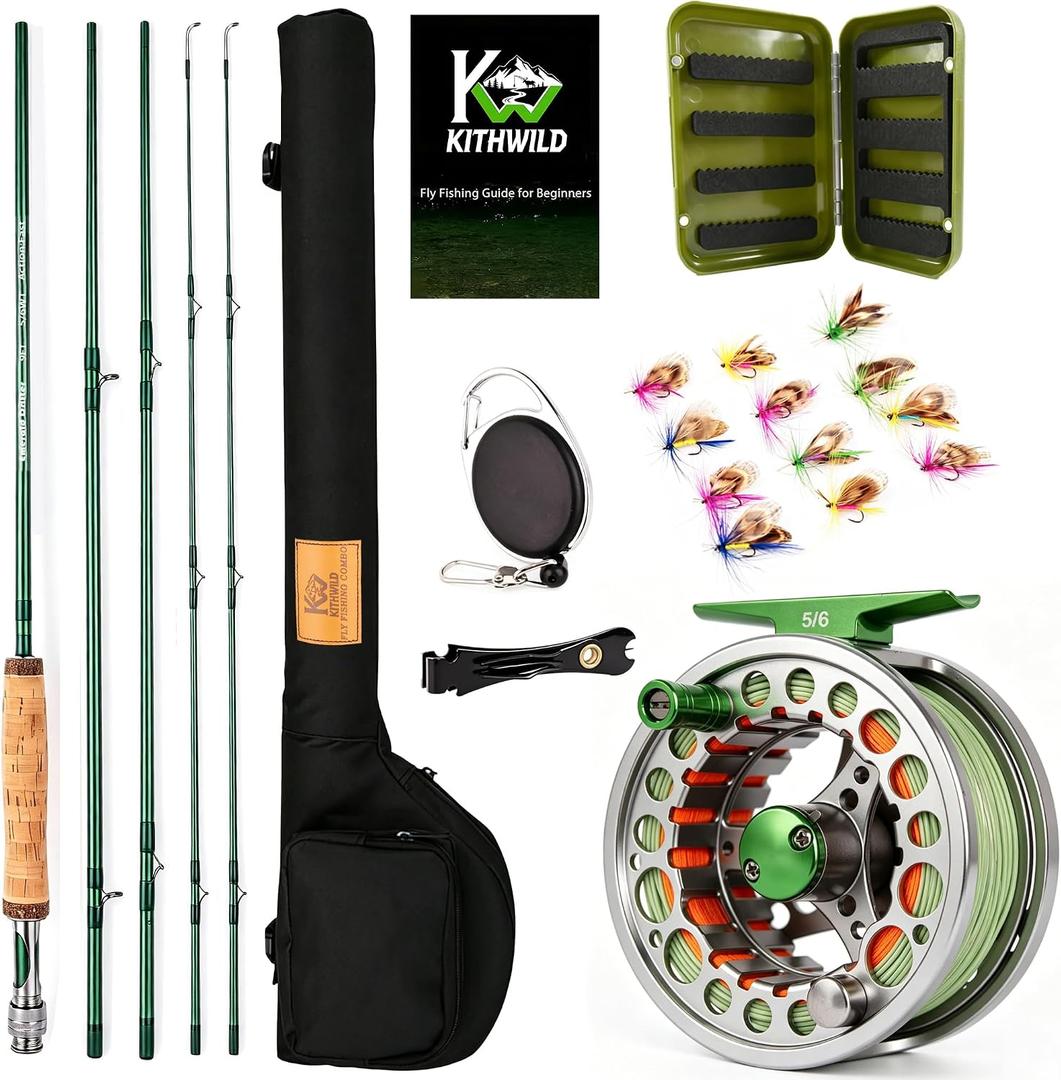 Fly Fishing Rod Combo, 4 Piece 5/6 Portable Fly Rod with Extra Tip, Pre-Loaded Fly Reel with Line Combo,Fly Box, Flies, Fly Fishing Complete Starter Package