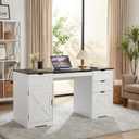 59 Inch Office Desk with 4 Drawers, Farmhouse Home Office Desk with Charging Station & Keyboard Tray, Wooden Computer Desk with Adjustable Shelves for Home Office & Studio, White + Black Tabletop | Keyboard Tray, Adjustable Shelves, 400 Lb Load Capacity, 2 AC Outlets & 2 USB Ports, Overload Protection