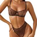 Lilosy Sexy Mesh Sheer Underwire Push Up Lingerie Set Lingerie Set (Small, Leopard)