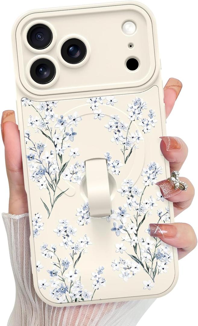 KANGHAR Compatible with iPhone 17 Pro Max Case, Support for MagSafe, Silicone Cute Pattern Floral Flower Design, Wristband Kickstand Shockproof Soft Bumper Protective Cover for Girls Women, White
