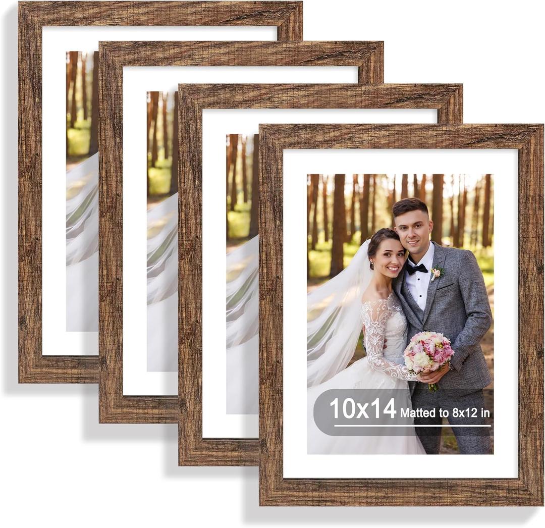 Hongkee 10x14 Picture Frame Set of 4, Made of Glass and Rustic Brown Wooden Frame, Display 8x12 Pictures with Mat or 30 x 40cm Diamond Painting Art without Mat for Wall Mounting, Gallery Photo Frames