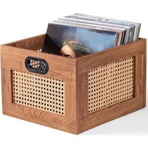 LELELINKY Vinyl Record Storage Crate, Rattan Vinyl Record Holder with Handle, Wood Record Crate for Vinyls Holder up to 75 LP's, Desktop Cube Album Storage for Vinyls Records(Tea Brown) (1 Pack)