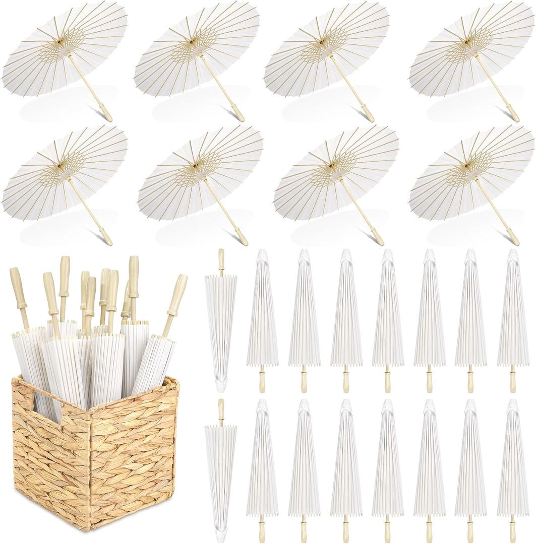 Aodaer 24 Pieces White Paper Umbrella 23.6 Inch Decorative Chinese Japanese Parasol Umbrella Crafts Vintage DIY Painting Decor Paper Thank You Card Wedding Favor for Wedding Props Bridal Party