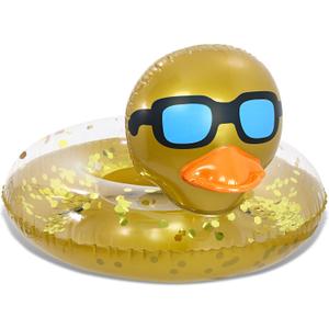 POZA Inflatable Duck Pool Float Tube- Heavy Duty Vinyl UV Resistant Confetti Pool Duck Floatie, Animal Pool Float Swim Ring Pool Inflatables for Kids and Adults for Beach, Party, Vacation (Gold)