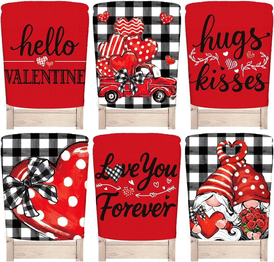 Whaline 6Pcs Valentine' s Day Chair Back Cover Dining Chair Slipcover Protector Red-Black Love Heart Gnome Truck Seat Covers for Wedding Anniversary Home Kitchen Decor
