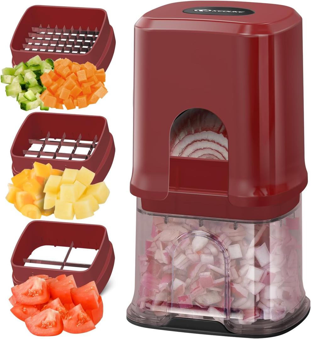 KEOUKE Multifunctional Vegetable Chopper Red - 3 Interchangeable Blades Potato French Fry Cutter with Container & Storage Box Food Chopper Dicer for Cucumber, Tomato, Carrot, Onion (Cube)