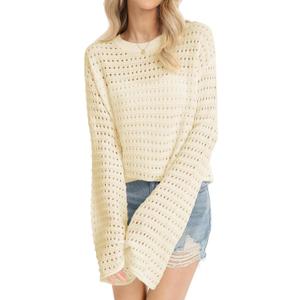 QUALFORT Women's Crochet Sweater, Hollow-Out Knit Long Sleeve Pullover (L)